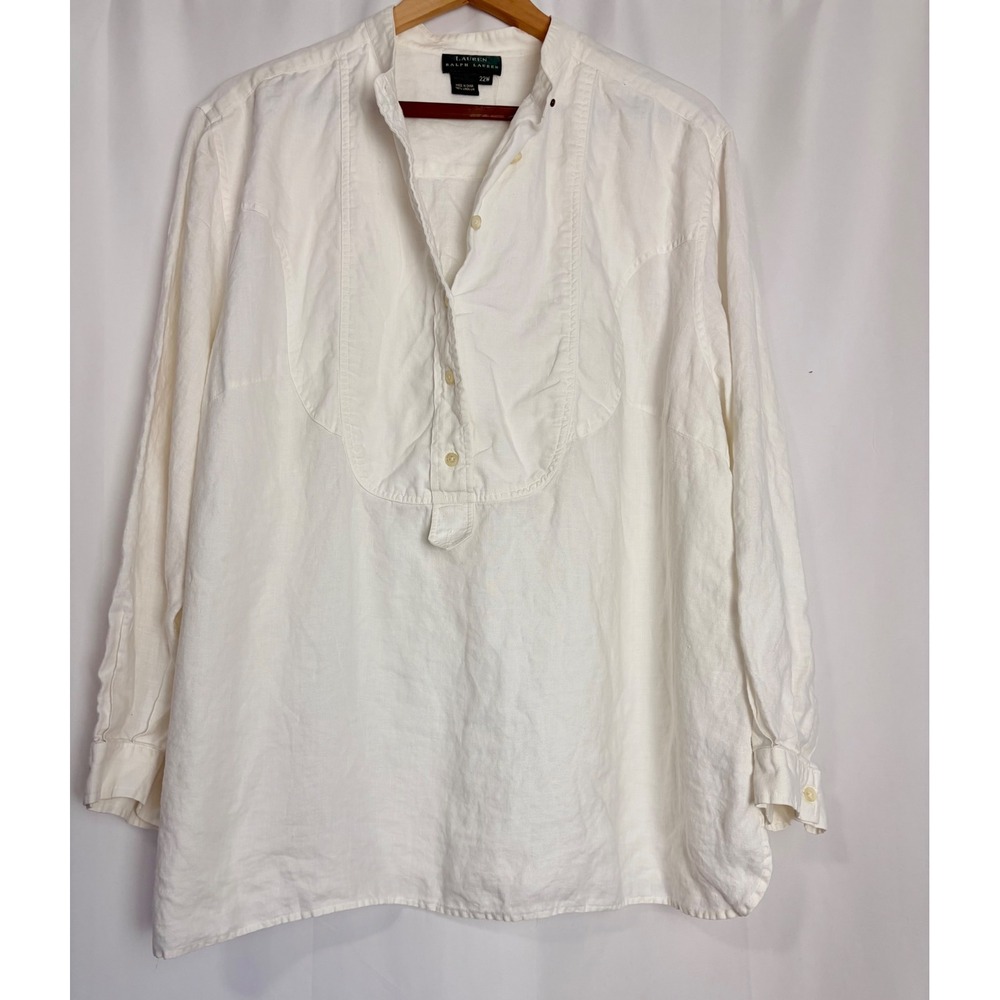 Ralph Lauren White 100% Linen Bib Front Tunic Top Plus Size 22W Boho Office